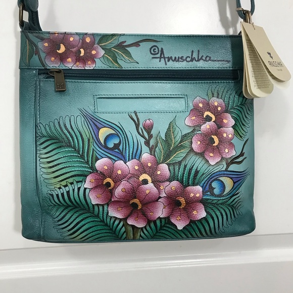 Anuschka Handbags - Anuschka Hand Painted Teal and Pink Floral Leather Crossbody Organizer Bag NWT